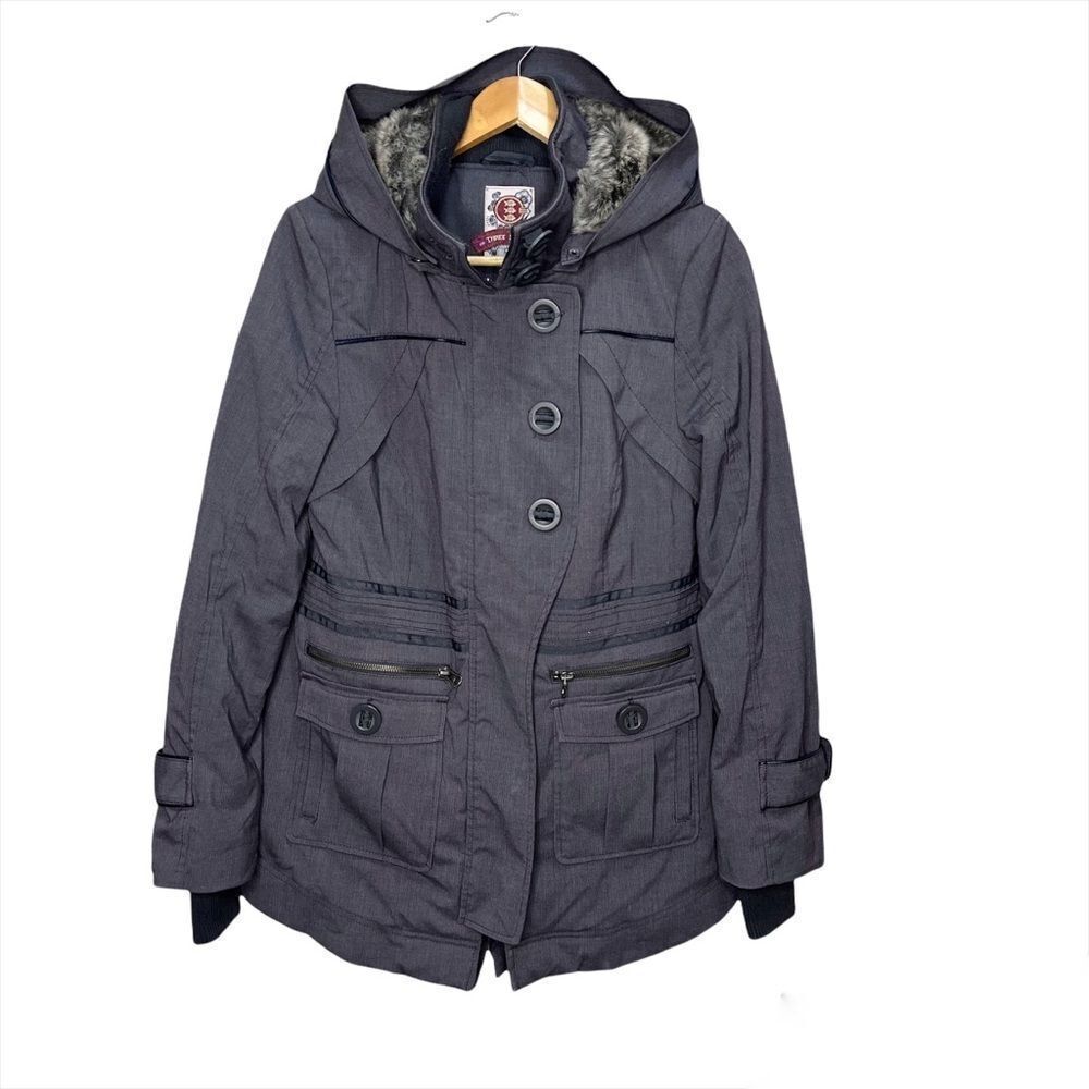 Three Stones Grey Fur Hooded Jacket Size Medium Winter Outdoor